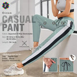 Women's sporty casual pants, light blue with black stripe, elastic waist, 36" length