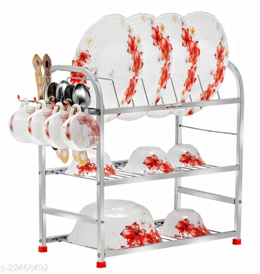 Three-shelf stainless steel wall-mount kitchen rack with bartan stand, designed for dish and glass storage