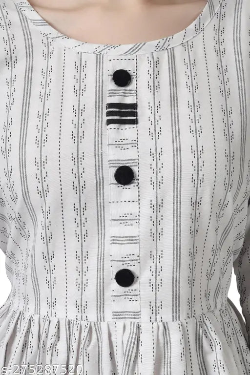 White cotton blend striped maxi dress with three-quarter sleeves, suitable for daily wear. Designer under $300, India origin