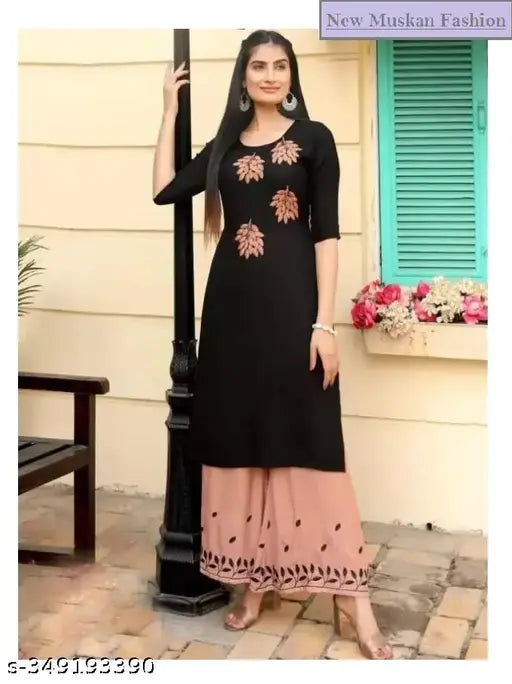 Viscose Rayon A-line Kurta & Palazzo Set (Black) - Indian embroidered kurti with palazzo bottoms for formal and casual wear