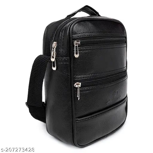 Black leather men's sling bag with multiple card slots and zip closure