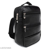 Black leather men's sling bag with multiple card slots and zip closure