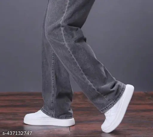 Light grey baggy jeans with white sneakers and blue denim shirt
