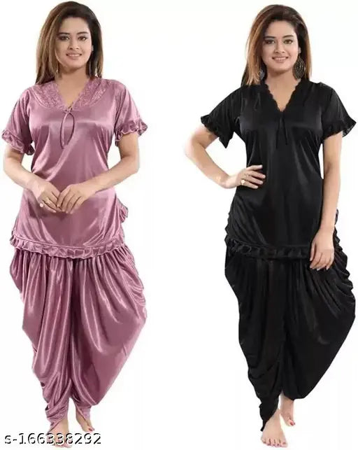 Soft, satin Women's night suit combo pack (2 sets), trending Indian Patiala design with dhoti kurta, perfect for working from home