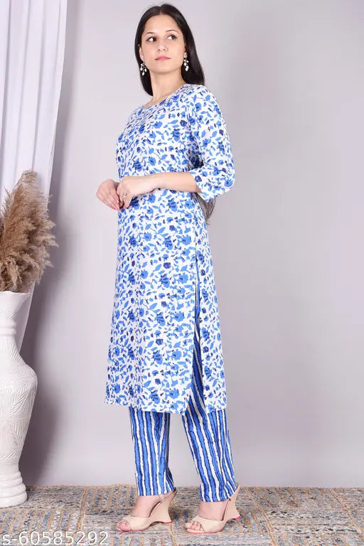 Cotton blend printed net kurta with pallazo set, three-quarter sleeves - Indian women's fashion, size XL (bust 44in, waist 44in, hip 44in, length 15in)