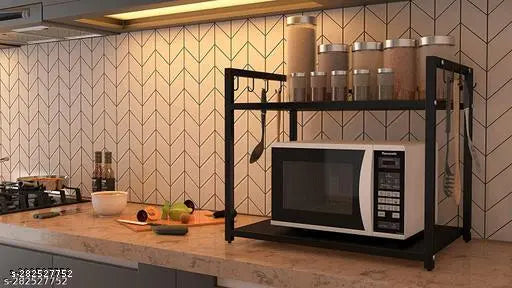 Two-tier green kitchen stand with microwave oven rack and 8 hooks