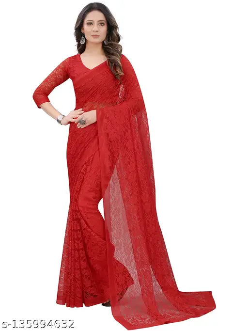 Red floral pattern Brasso net saree with unstitched blouse piece, Indian handcrafted, self-design