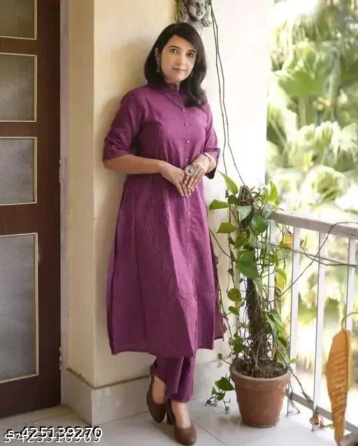 Striped cotton co-ord set for women, three-quarter sleeve kurta with pants, Katha brand, India