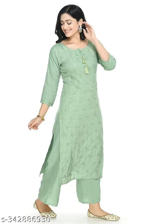 Women's Rayon Embroidered Kurti Plazo Set, three-quarter sleeves, Indian embroidery on display