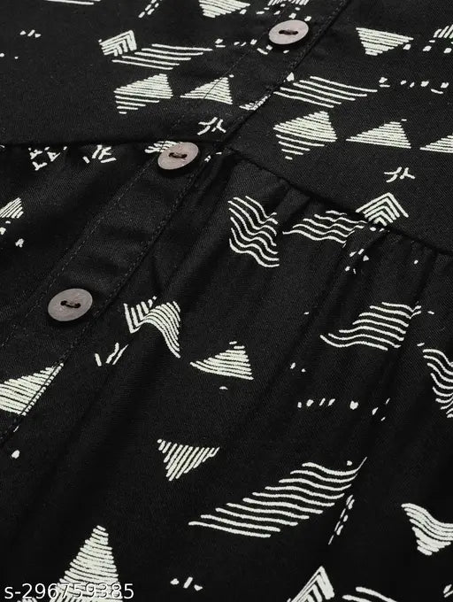 Black rayon flared kurti with printed combo, three-quarter sleeves. Indian summer ethnic wear for women