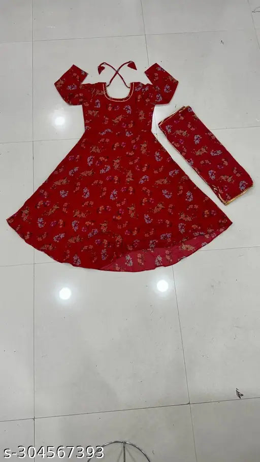 Pristino new arrival faux georgette long kurta with dupatta for women, red