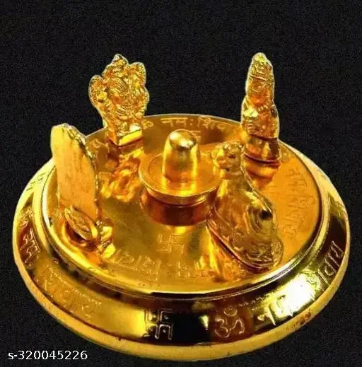 Golden Shiv Parivar with Shivling, Kartik Mata, Parvati, Ganesha, Nandi - 3.5x3.5 inch Indian metal sculpture symbolizing family prosperity