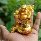 Brass Feng Shui Laughing Buddha sitting on dragon, Indian decorative showpiece for activating prosperous energies at main entrance