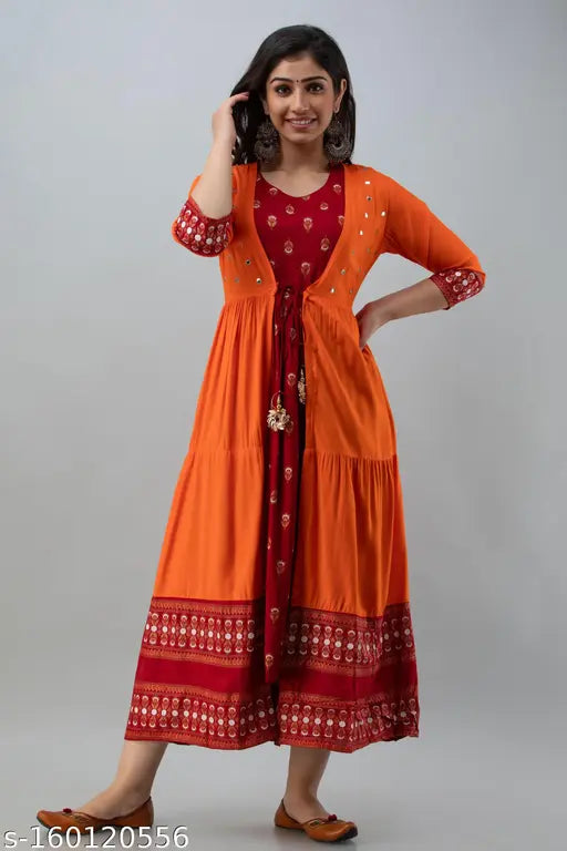 Rayon embroidered shrug & printed inner kurta, three-quarter sleeves, women's fashionable Indian outfit from India