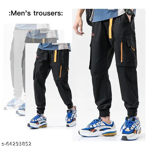 Men's black cotton cargo pants with flap pockets, zip detail and elastic waist. Solid army green style." (125 characters)