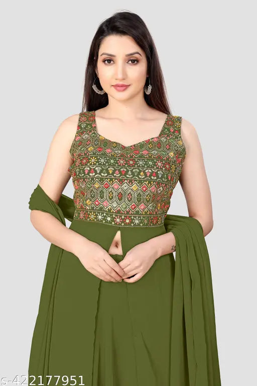 Green and gold kameez set with ruffle sleeves and embroidery, knee-length, 3/4 sleeve