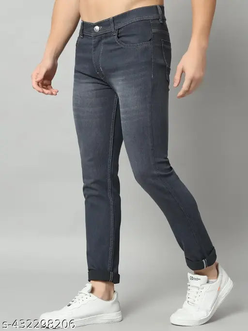 Dark grey denim men's jeans with regular fit, ideal for casual wear (26-40 waist sizes available, made in India)