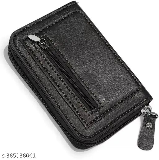 Men's black faux leather card holder, 11-slot wallet with 5 compartments, solid design, free size (11cm x 8cm)