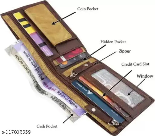 Brown faux leather men's wallet with 7 card slots, solid design, free size, perfect for casual or formal wear. Made in India