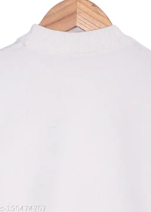 Off white acrylic pullover sweater for kids, unisex design, long sleeves, solid pattern, ribbed hem. Size: 6-7 years (chest size 25 in, length size 16 in). Made in India