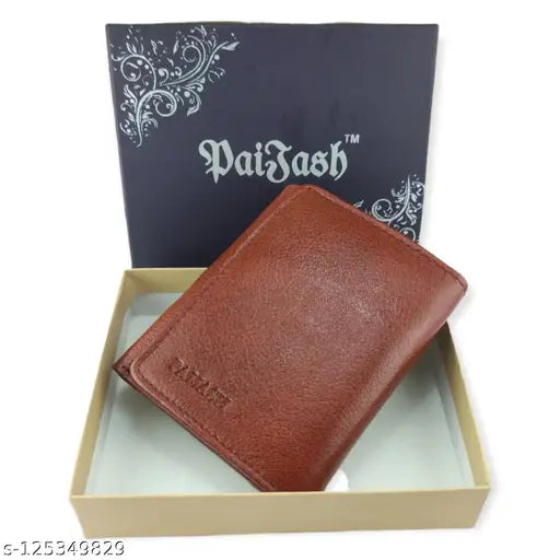 Tan leather trifold wallet by PAIJASH for men, featuring 6 card slots, solid pattern, and free size (11cm x 10cm). Made in India