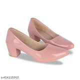 Peach synthetic leather pumps for formal occasions, featuring a block heel design. Ideal for office parties and everyday wear. Comfortable and stylish, with a round toe and TPR sole. Made in India