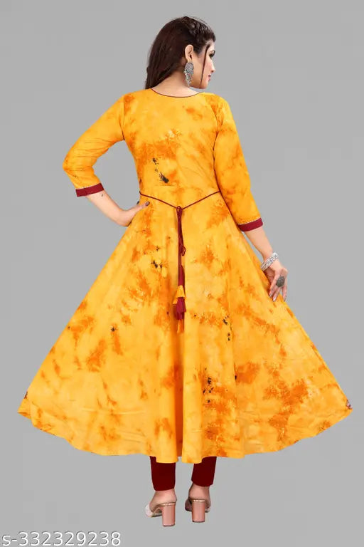 Yellow cotton Anarkali full ghera kurti with dori patched design