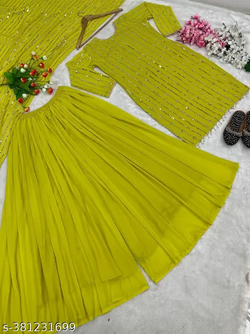 Yellow sari with faux georgette and heavy embroidery, ready-to-wear, fully stitched