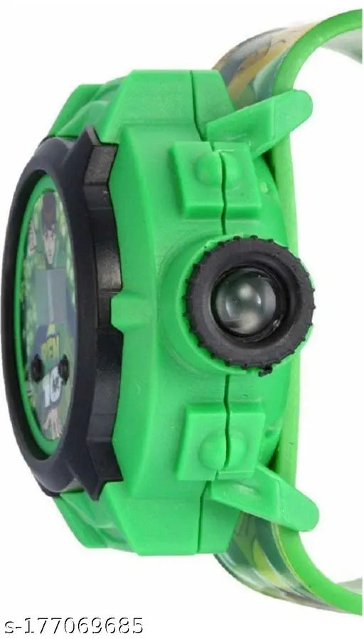 Green sports watch with digital display and button controls