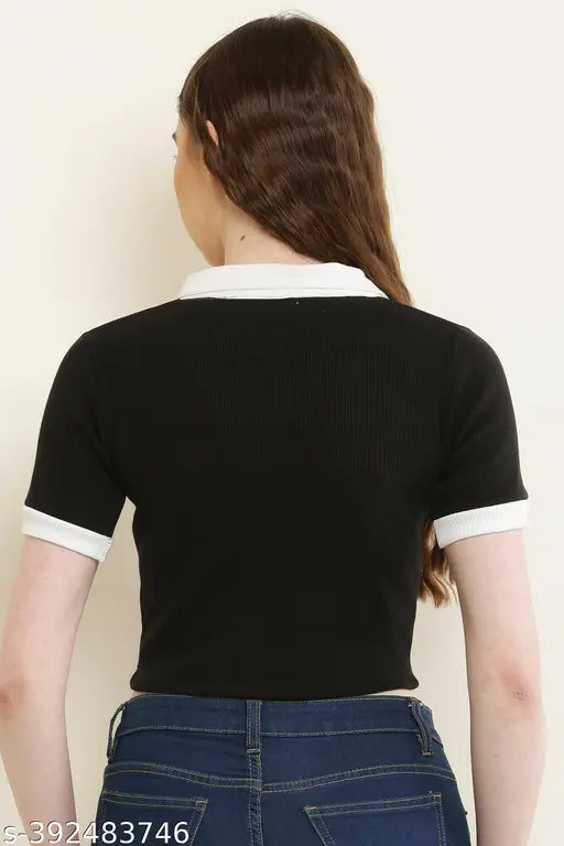 Black Lycra short-sleeved formal collar t-shirt for women, solid pattern, crop style