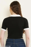 Black Lycra short-sleeved formal collar t-shirt for women, solid pattern, crop style