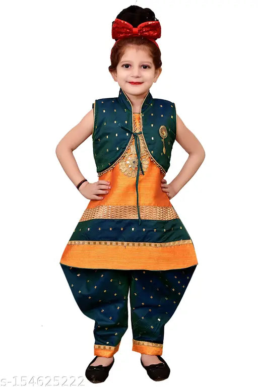 Silk blend embroidered top & bottom sets for girls (1-14 years), Indian clothing on display