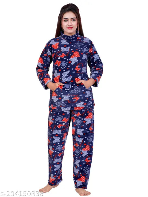 Night blue women's woolen pajama set (Kambal), soft floral design, long sleeves. Hand wash only