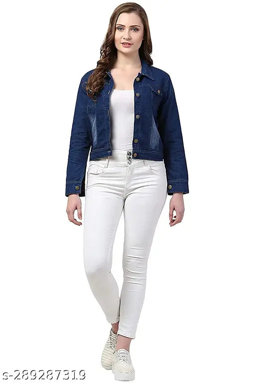 Dark blue denim jacket for women and girls, long sleeves, solid washed, slim fit