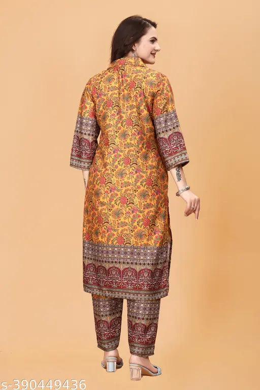 Gold print Mulmul and Cotton Linen women's Kurta Set with matching Pants, stylish daily wear for plus sizes, Indian designer wear