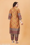 Gold print Mulmul and Cotton Linen women's Kurta Set with matching Pants, stylish daily wear for plus sizes, Indian designer wear