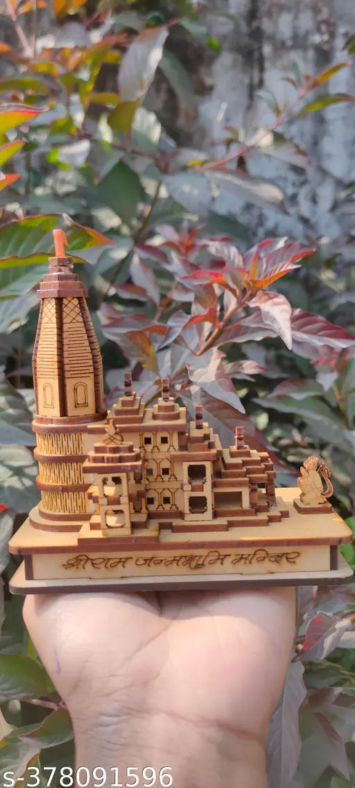 Hand-carved wooden 3D model of Ayodhya Sai Collection Ram Mandir, detailed polyresin replica, ideal for home decor or car dashboard, measures 12 cm L x 6 cm B x 12 cm H