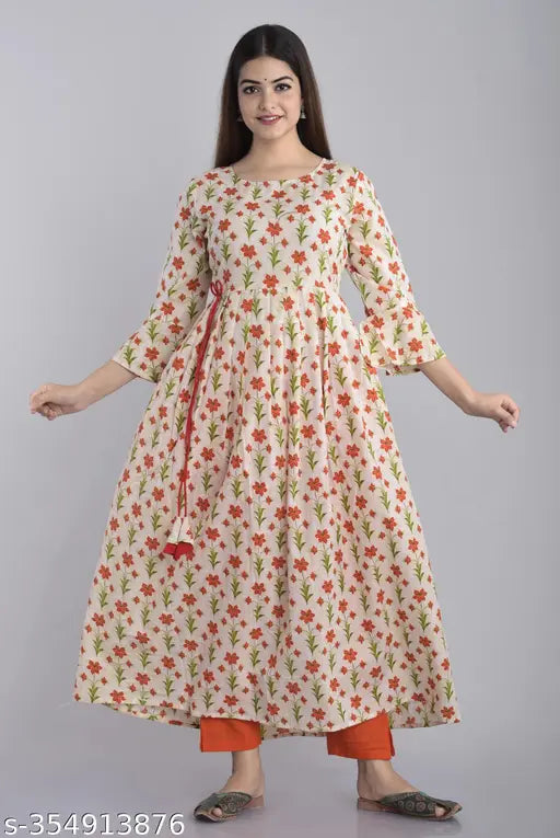 Printed rayon Anarkali cream dress, three-quarter sleeve, vibrant combo, fashionable Indian clothing on hanger, size S (36in bust, 44in length)