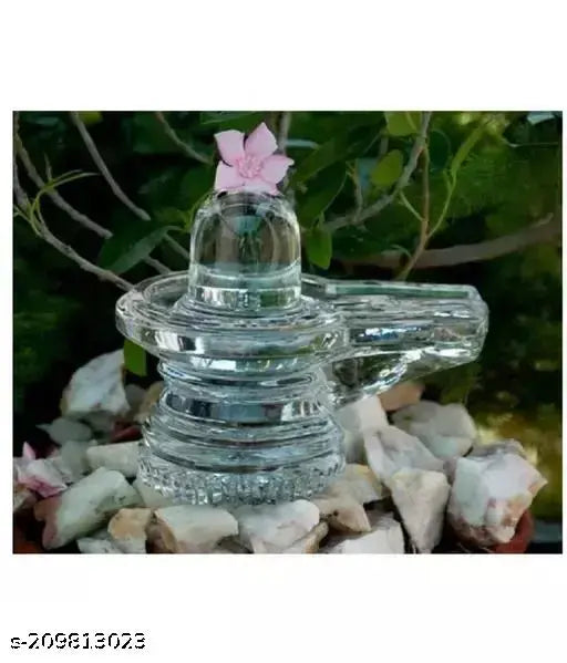 Clear Sphatik Crystal Siva Linga, 4cm, with floral decoration for Pooja.