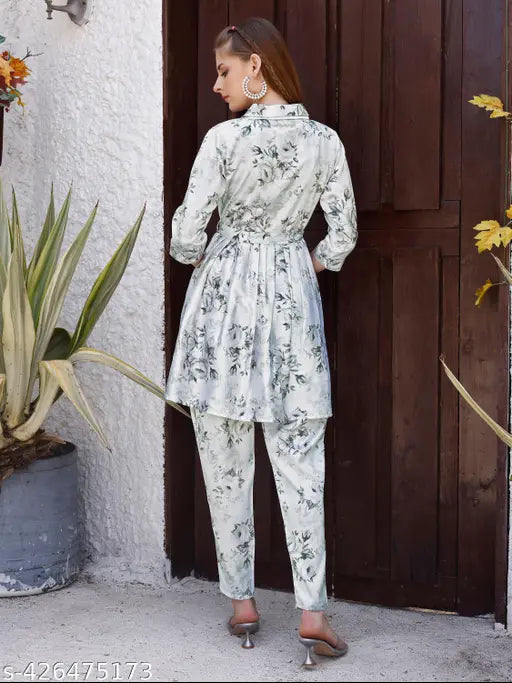 White premium satin CLOTHSTORY collation wear shirt style co-ords 2pc set for women, full inner