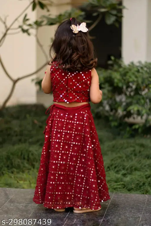 Embellished Georgette and tissue lehenga choli set with traditional design for kids (7-12 years), Indian origin