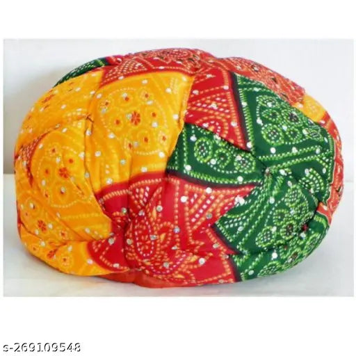 Multicolored traditional royal turban with intricate designs and patterns, possibly saffa color, handcrafted Rajasthani look