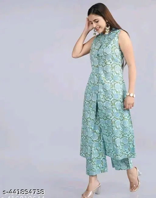 Green rayon kurta and palazzo set, printed net design, three-quarter sleeves, Indian handcrafted