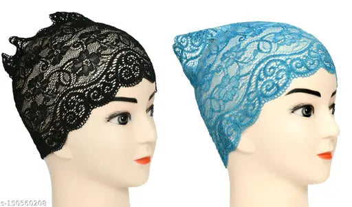 Black lace Hijab headband, Light blue lace cap, 2-in-1 hijab accessory