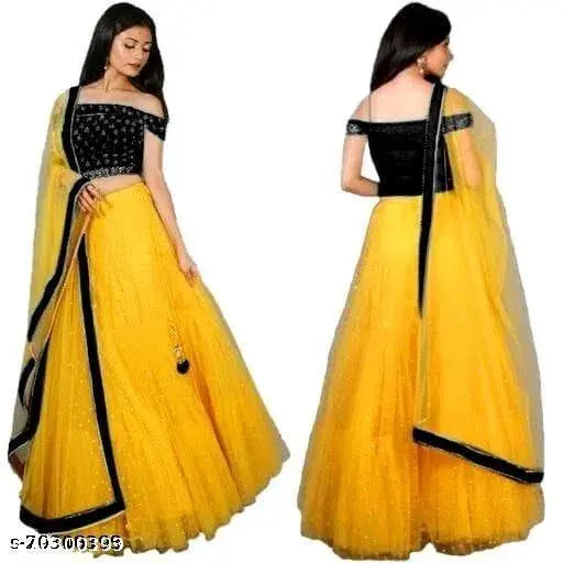 Yellow silk and net embroidered lehenga choli set with heavy embellishments, featuring a lace dupatta. Indian wedding attire. Semi-stitched (waist size 42", length size 44", dupatta length 2m)