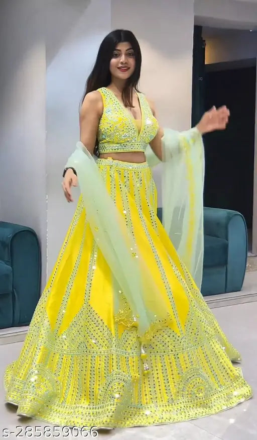 Embroidered heavy georgette lehenga choli and net dupatta set for women, semi-stitched (waist size 44in, length 42in), origin India