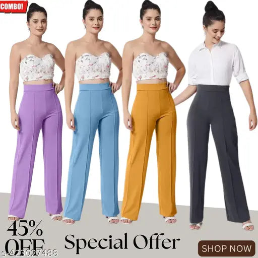 High-waisted bellbottom pants in pink, purple, green, and blue. Matched set of four. Perfect for girls and women