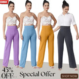 High-waisted bellbottom pants in pink, purple, green, and blue. Matched set of four. Perfect for girls and women