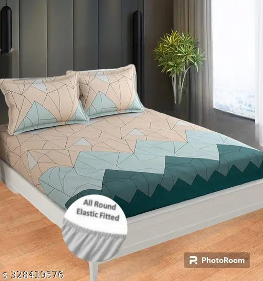 Double size microfiber cotton 210 TC elastic fitted bedsheet in geometric pattern, perfect for summer, made in India