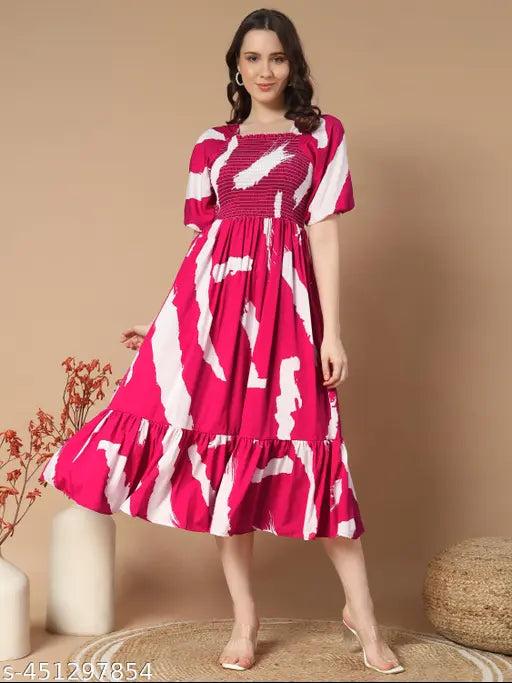 Rayon brushed print puff sleeve midi dress, smocked and elastic, western wear for women in brown